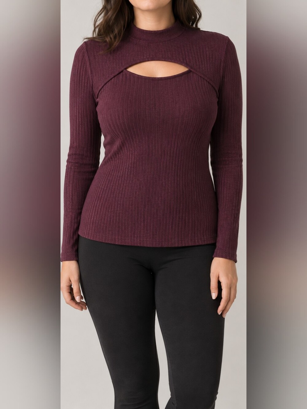 Ricki's Ribbed Mock Neck Long-Sleeve Top with Front Cutout - Burgundy